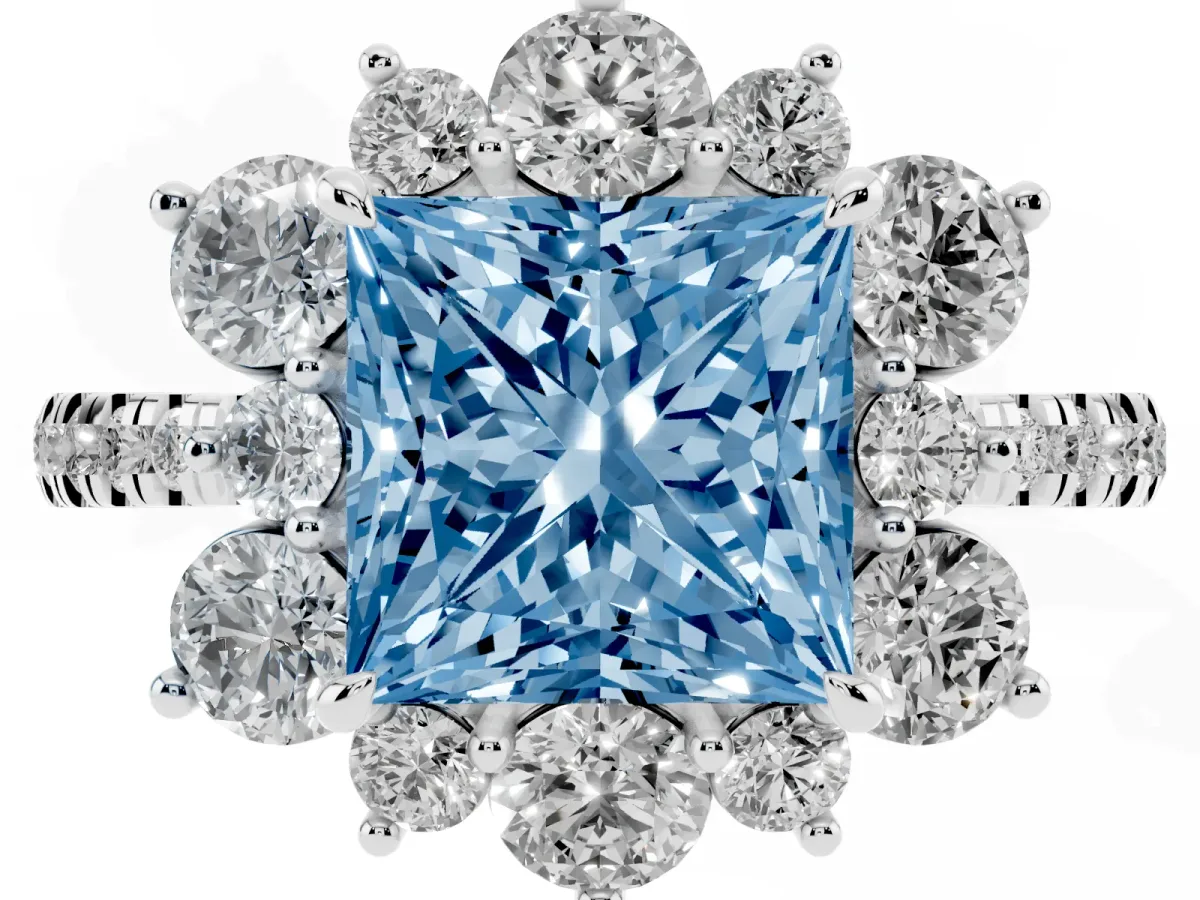 Fancy Blue Princess Cut Diamond Floral Halo Ring with Round Pavé Band and Prong Setting White gold