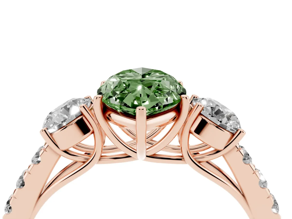 Fancy Green Marquise Cut Cut Diamond Three-Stone Ring with Round Side Stones and Pavé Band Rose gold