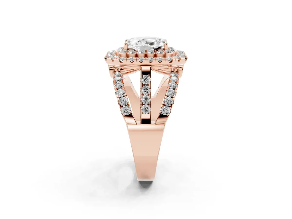 Emerald Cut Diamond Double Halo Ring with Round Pavé Split Shank and Prong Setting Rose gold