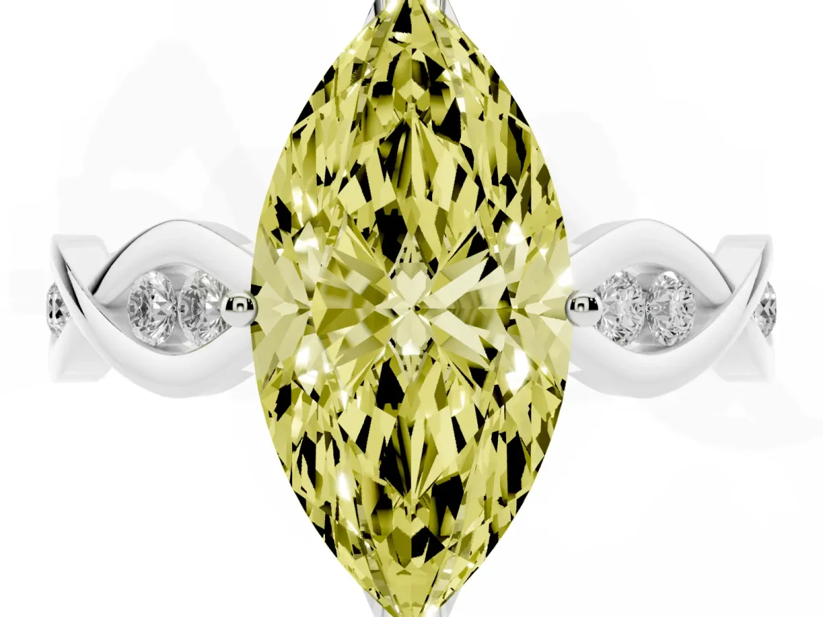 Fancy Yellow Marquise Cut Solitaire Twist Band with Leaf Prong Setting Silver