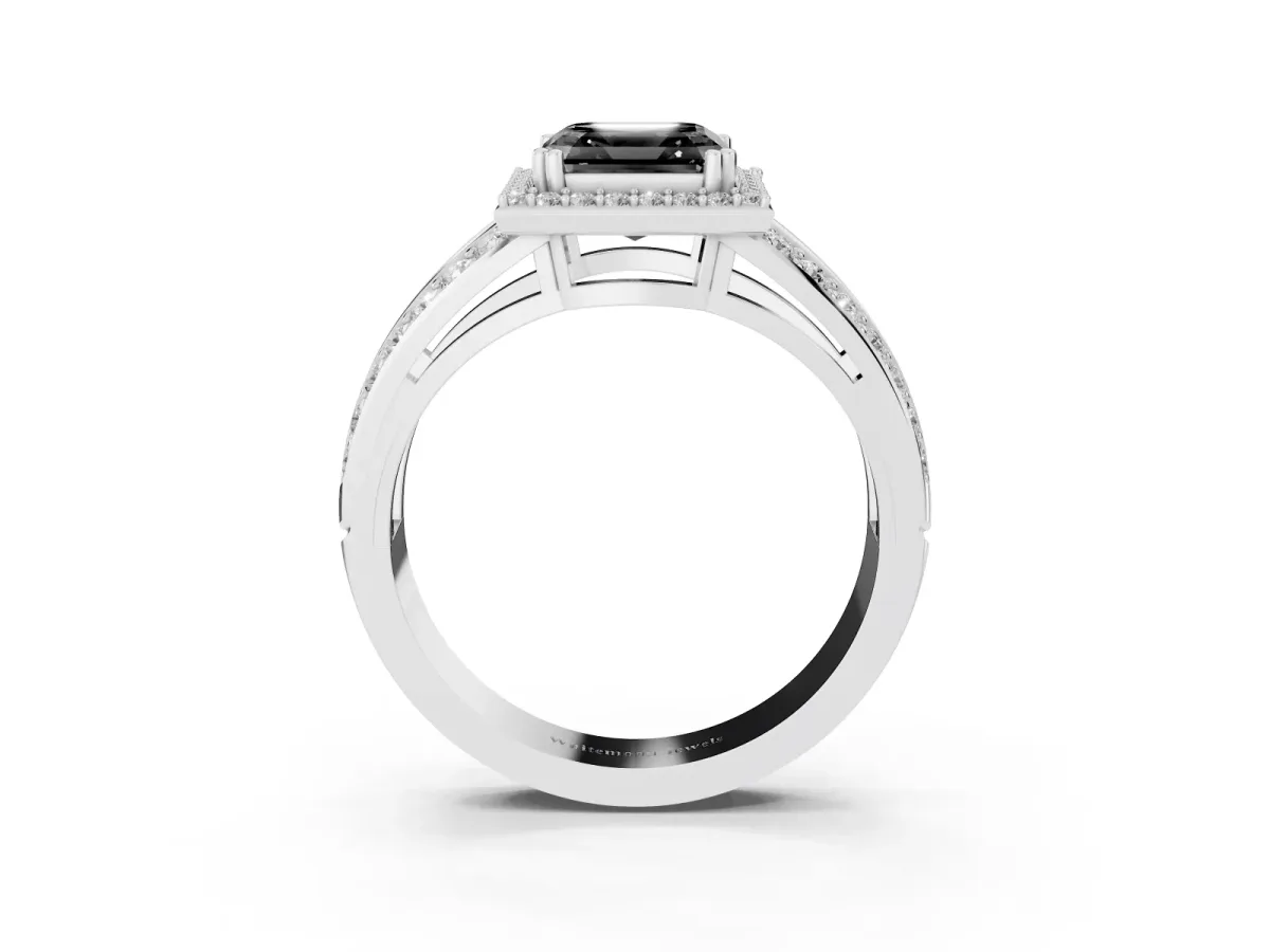 Fancy Black Asscher Cut Diamond Halo Ring with Split Shank Pavé Band and Four-Prong Setting Silver