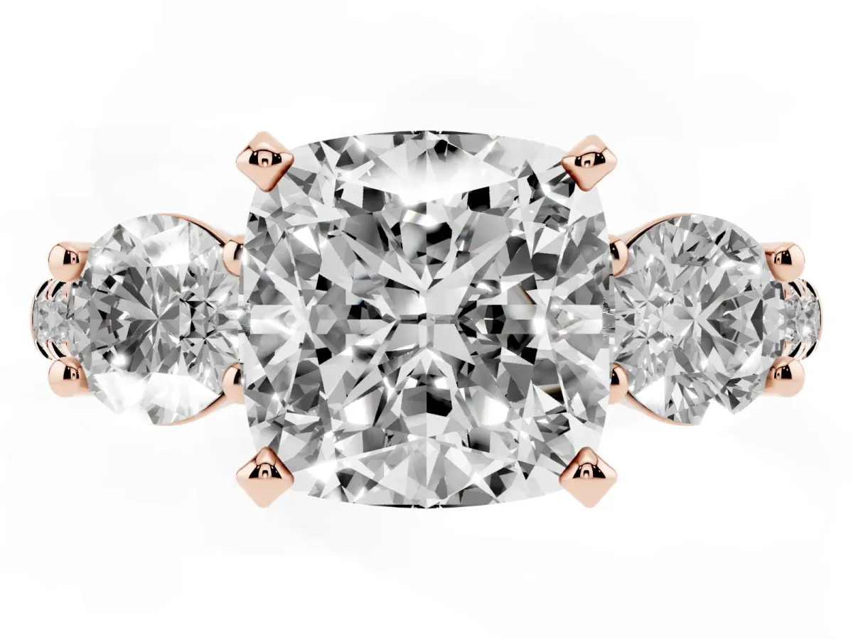 Three-Stone Cushion Cut Diamond Pavé Band with Four-Prong Setting Rose gold