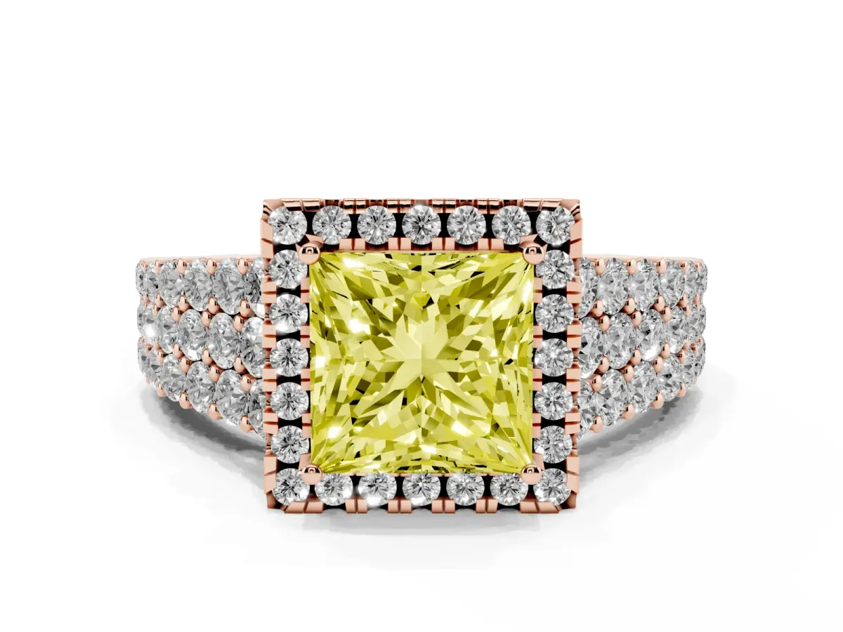 Fancy Yellow Princess Cut Diamond Halo Engagement Ring with Triple Row Round Pavé Band and Prong Setting Rose gold