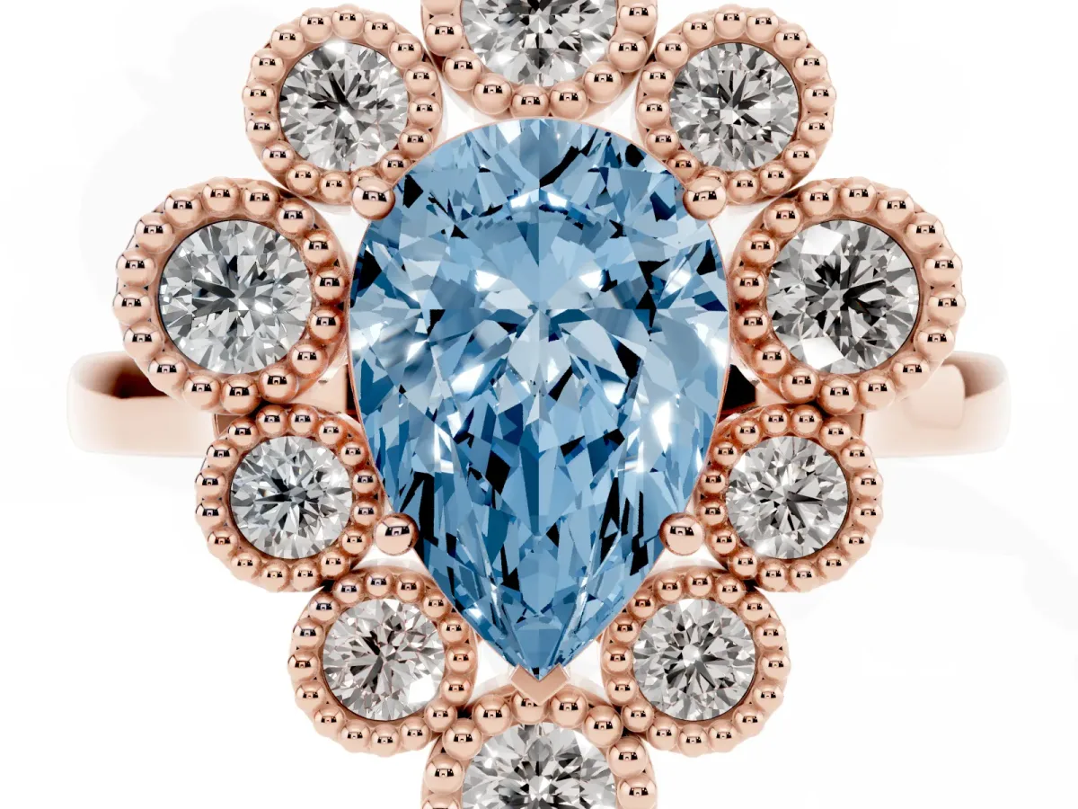 Fancy Blue Pear Cut Halo Diamond Cluster Engagement Ring with Milgrain Bezel Setting and Solitaire Band Rose gold