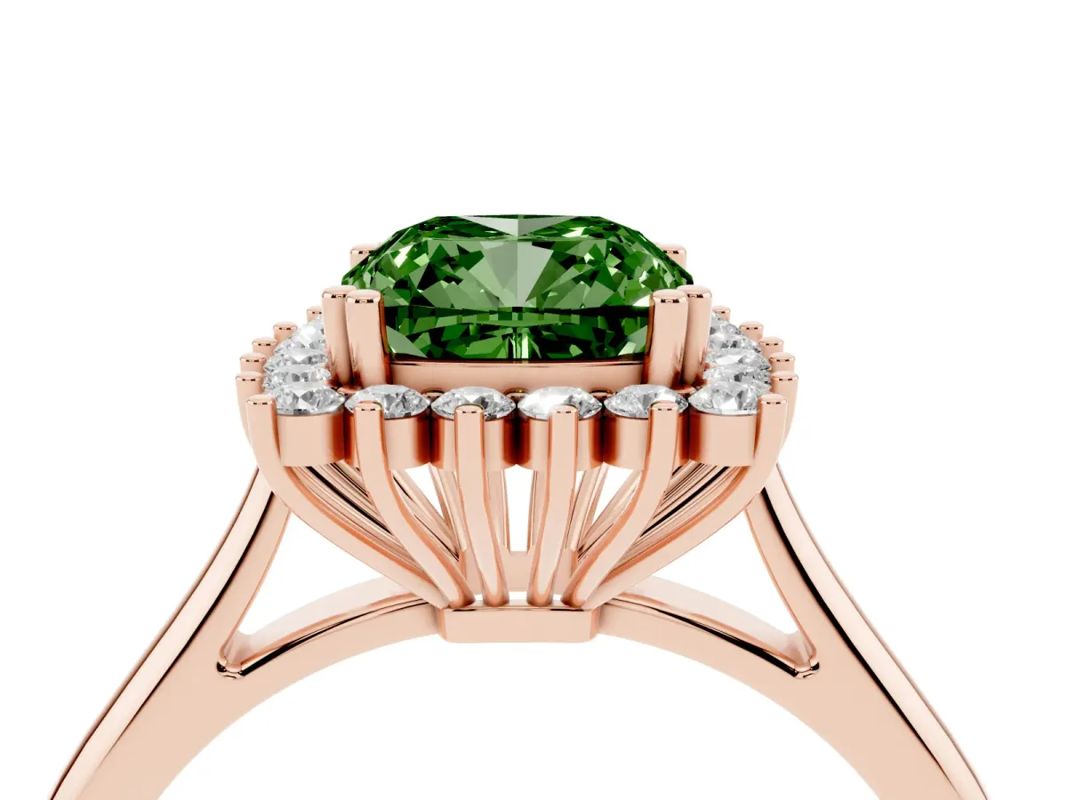 Fancy Green Cushion Cut Cut Diamond Halo Ring with Solitaire Band and Prong Setting Rose gold