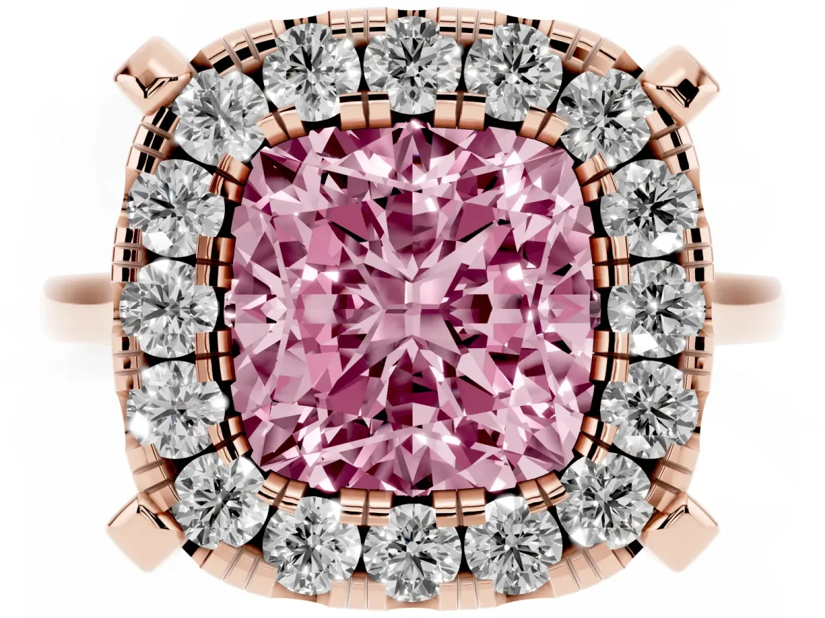 Fancy Pink Cushion Cut Diamond Cluster Halo Solitaire with Four-Prong Setting Rose gold