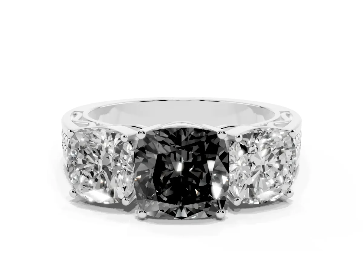 Fancy Black Cushion Cut Diamond Three-Stone Ring with Prong Setting and Textured Band Platinum