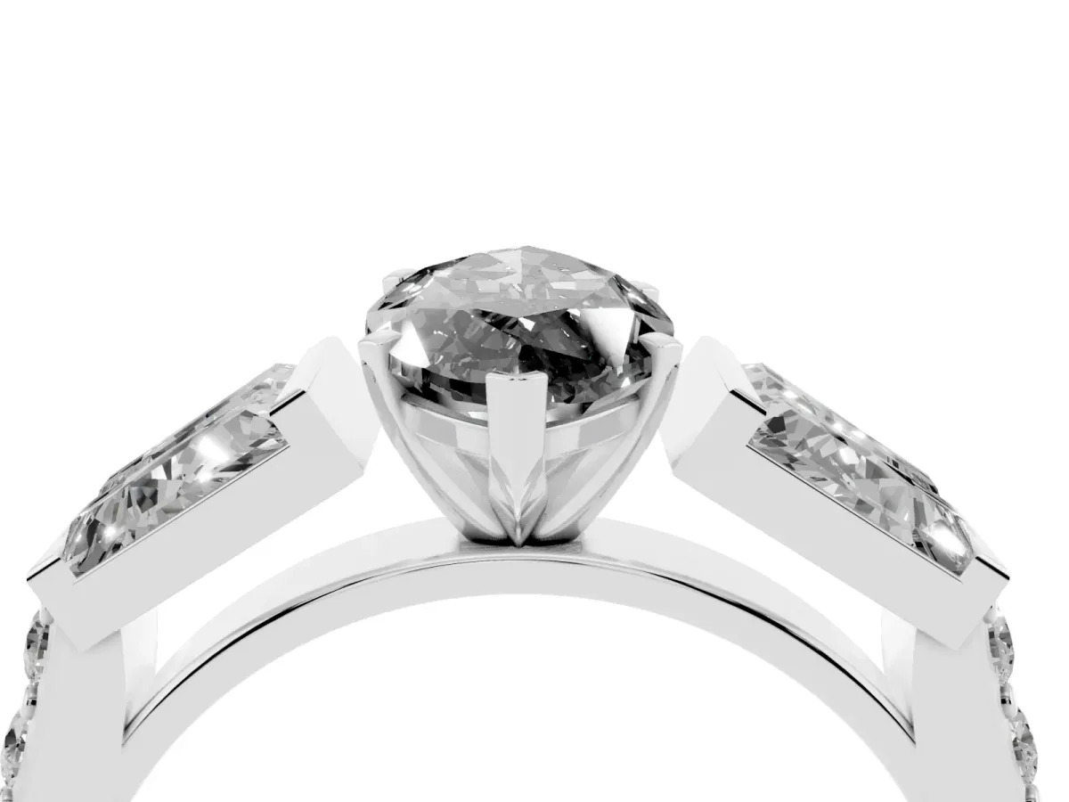 Fancy Black Marquise Cut Diamond Engagement Ring with Baguette Side Stones and Channel Set Band Silver
