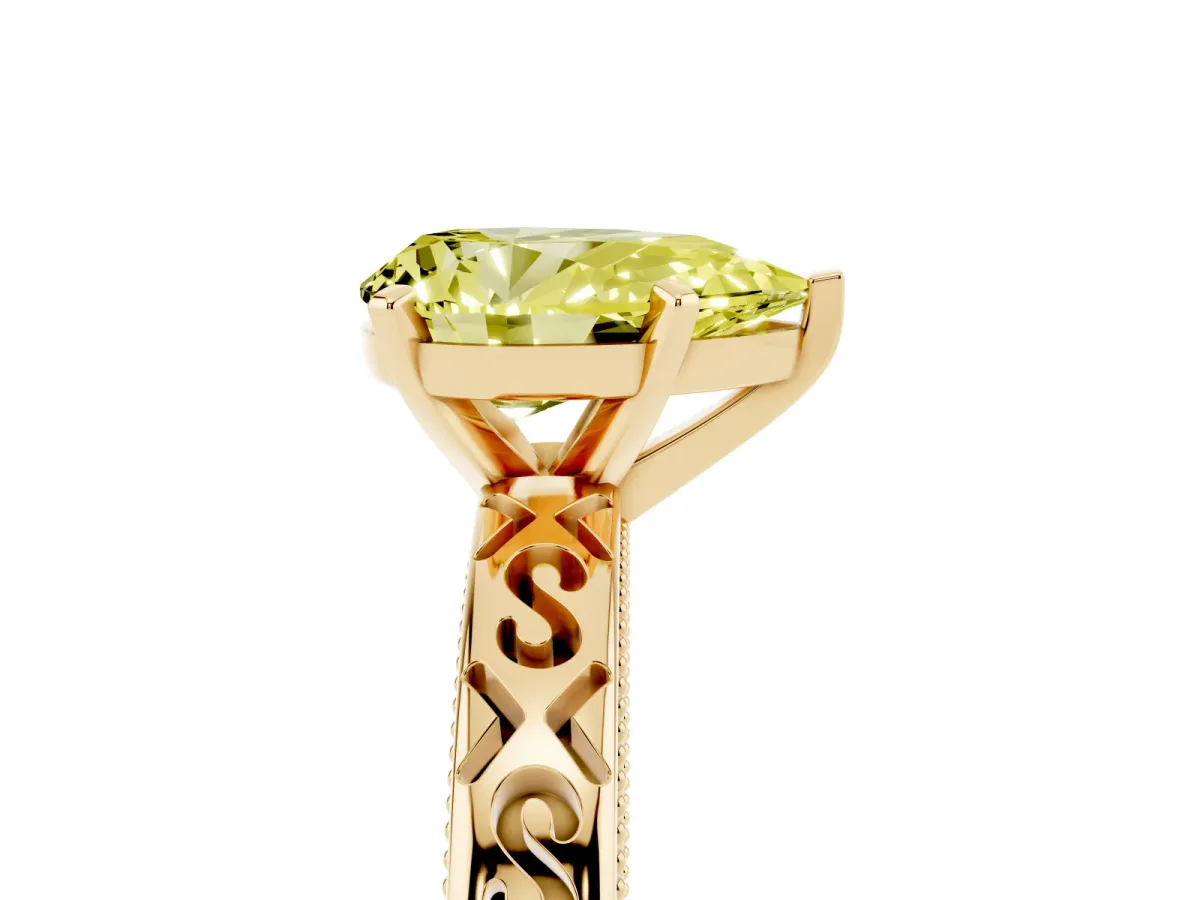 Fancy Yellow Pear Cut Solitaire Engagement Ring with Scrollwork Band and Four-Prong Setting Yellow gold