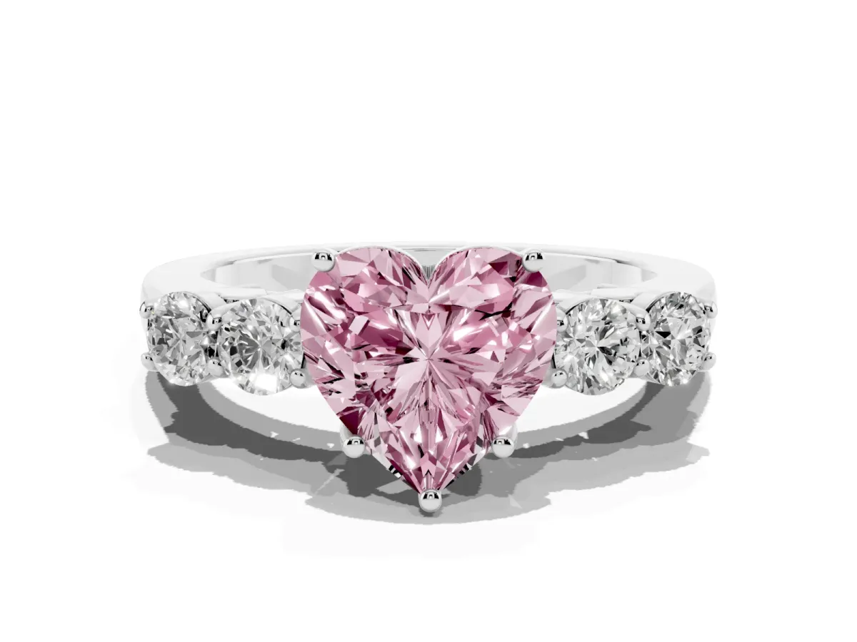 Fancy Pink Heart Cut Cut Diamond Five-Stone Prong Set White Gold Ring Silver