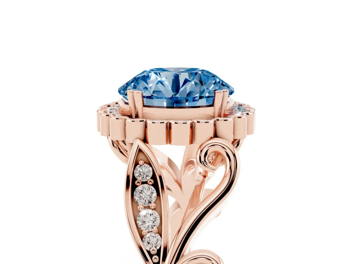 Fancy Blue Round Cut Diamond Halo Ring with Vintage Split Shank and Four-Prong Setting Rose gold