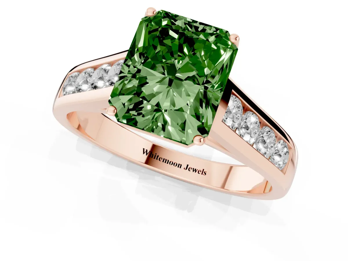 Fancy Green Radiant Cut Solitaire Channel-Set Diamond Engagement Ring with Four-Prong Setting Rose gold