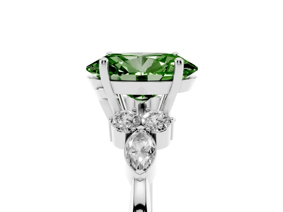 Fancy Green Oval Cut Brilliant Diamond Solitaire Ring with Pear Side Stones and Four-Prong Setting Platinum