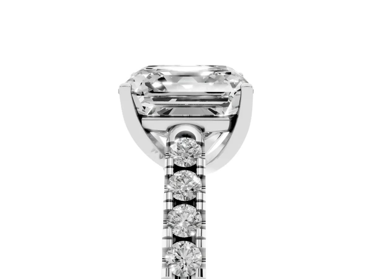 Asscher Cut Diamond Pavé Band Solitaire Ring with Prong Setting Silver