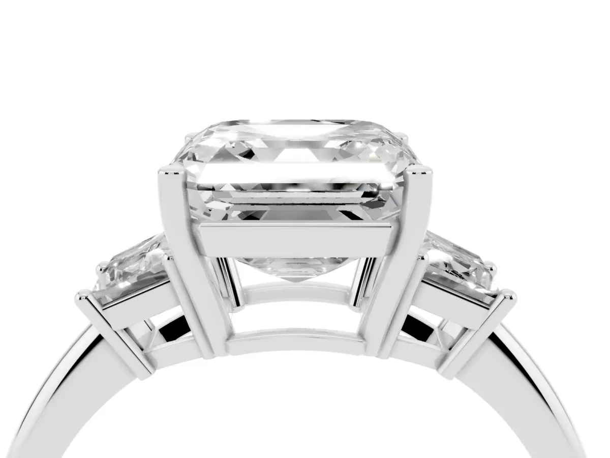 Asscher Cut Diamond Three-Stone Ring with Trapezoid Side Stones and Prong Setting Silver