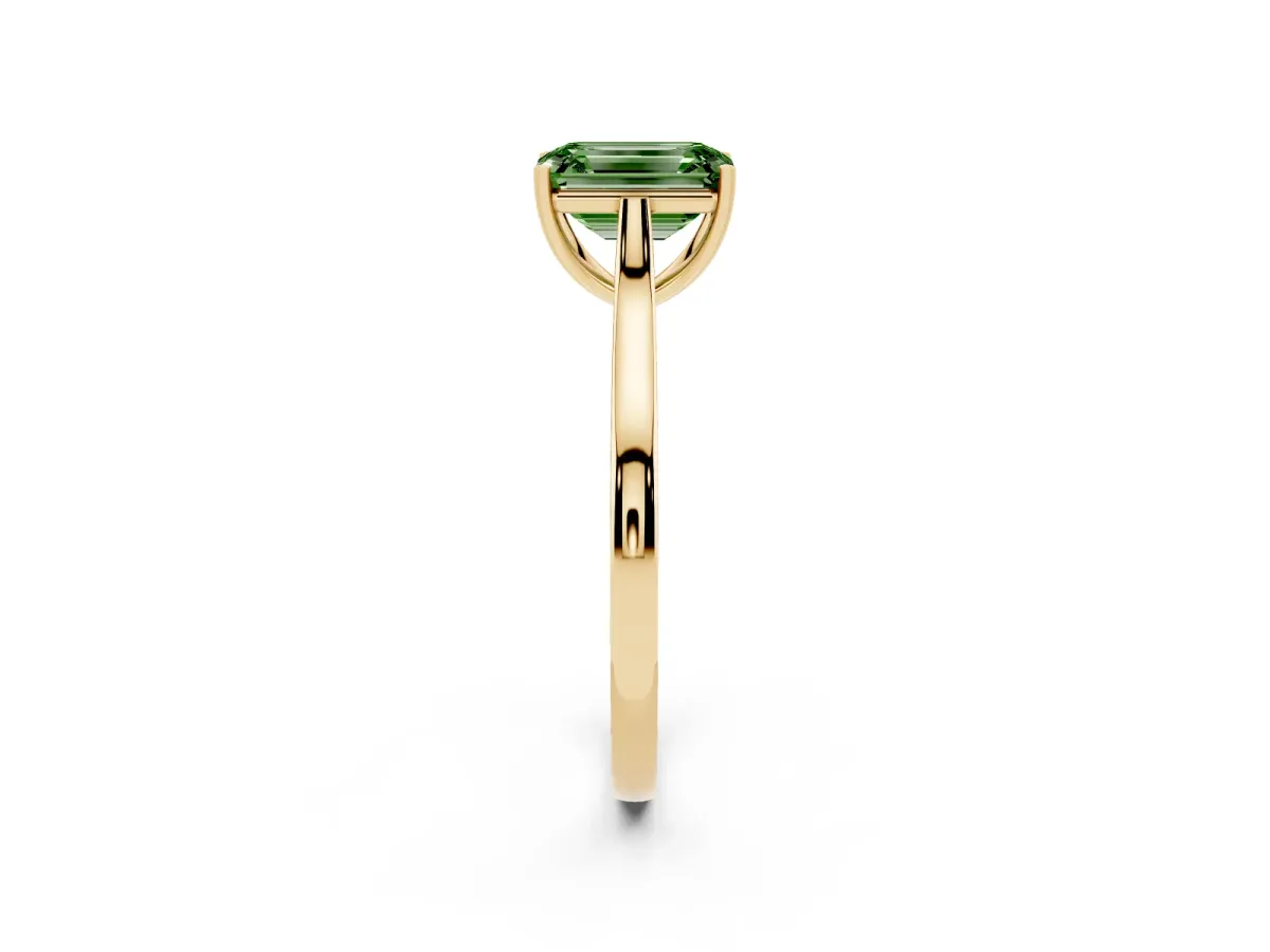 Fancy Green Emerald Cut Solitaire Heart Prong Engagement Ring with Tapered Band Yellow gold