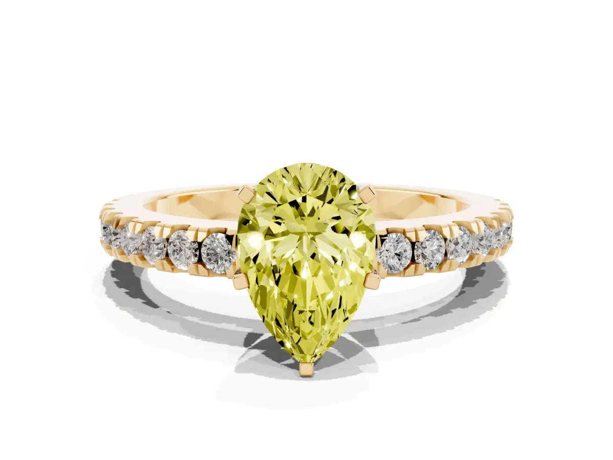 Fancy Yellow Pear Cut Solitaire Diamond with Pavé Band and Four-Prong Setting Yellow gold