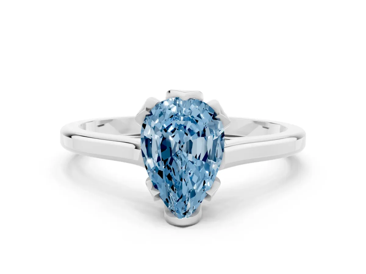 Fancy Blue Pear Cut Diamond Solitaire Ring with Flower Prong Setting and Classic Band Platinum