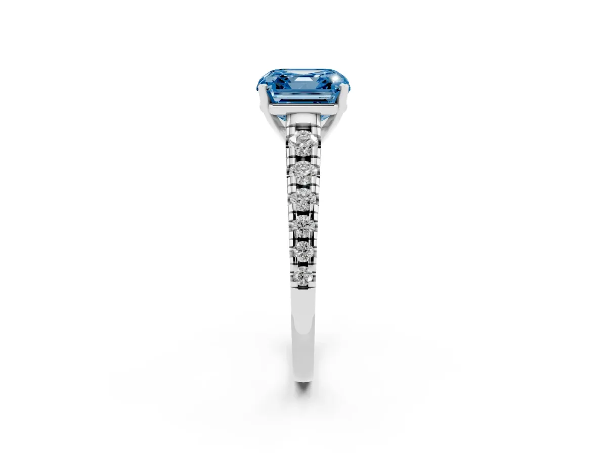 Fancy Blue Asscher Cut Diamond Cathedral Solitaire Ring with Round Pavé Band Silver