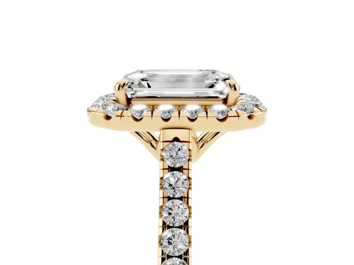 Emerald Cut Halo Pavé Diamond Engagement Ring with Four-Prong Setting Yellow gold