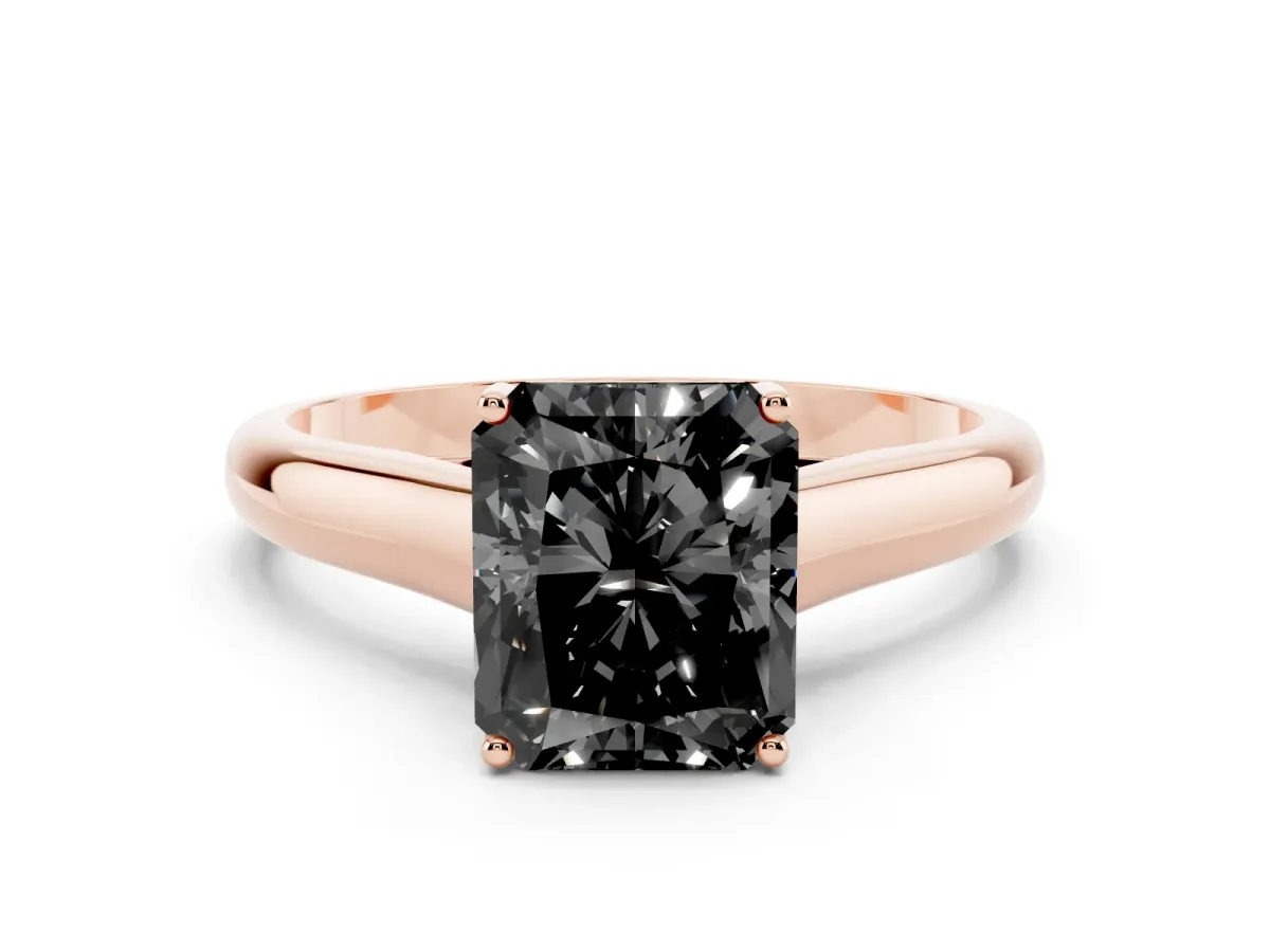 Fancy Black Radiant Cut Solitaire Engagement Ring with Tapered Band and Four-Prong Setting Rose gold