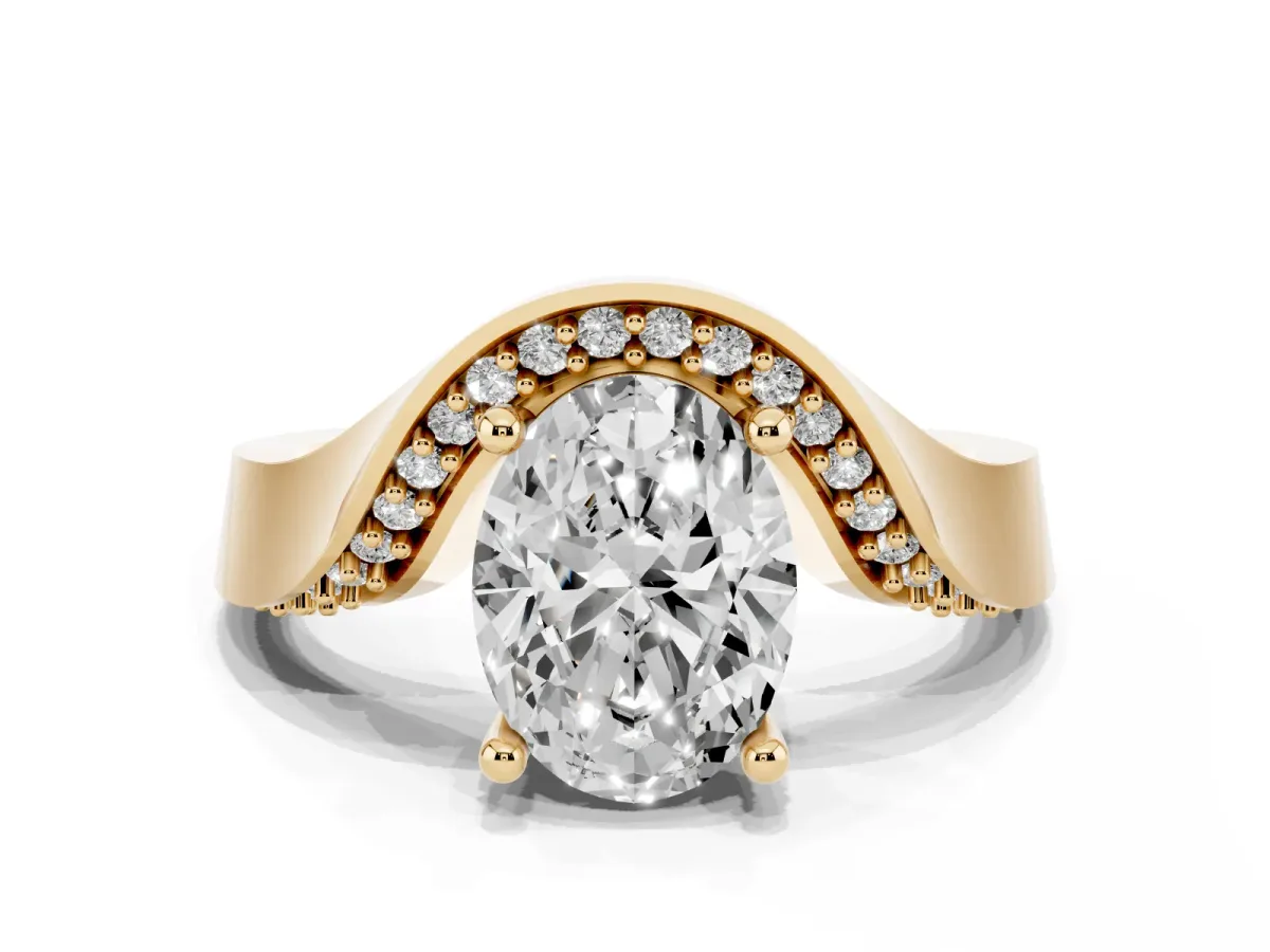 Oval Cut Solitaire Diamond Engagement Ring with Pave Band and Four-Prong Setting Yellow gold