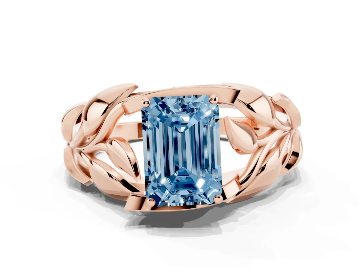 Fancy Blue Emerald Cut Diamond Leaf-Inspired Engagement Ring with Round Accents and Prong Setting Rose gold