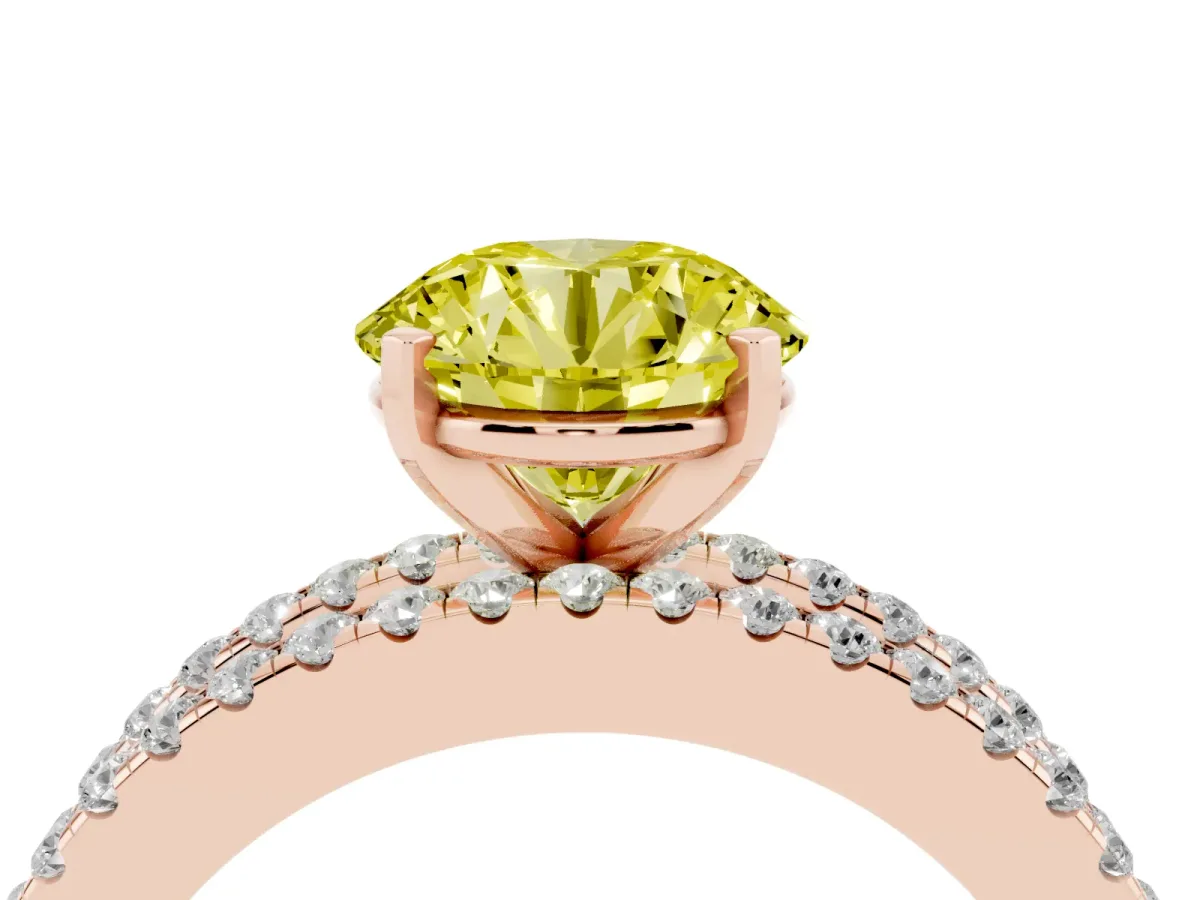 Fancy Yellow Round Cut Diamond Solitaire Ring with Pavé and Channel Set Band Rose gold