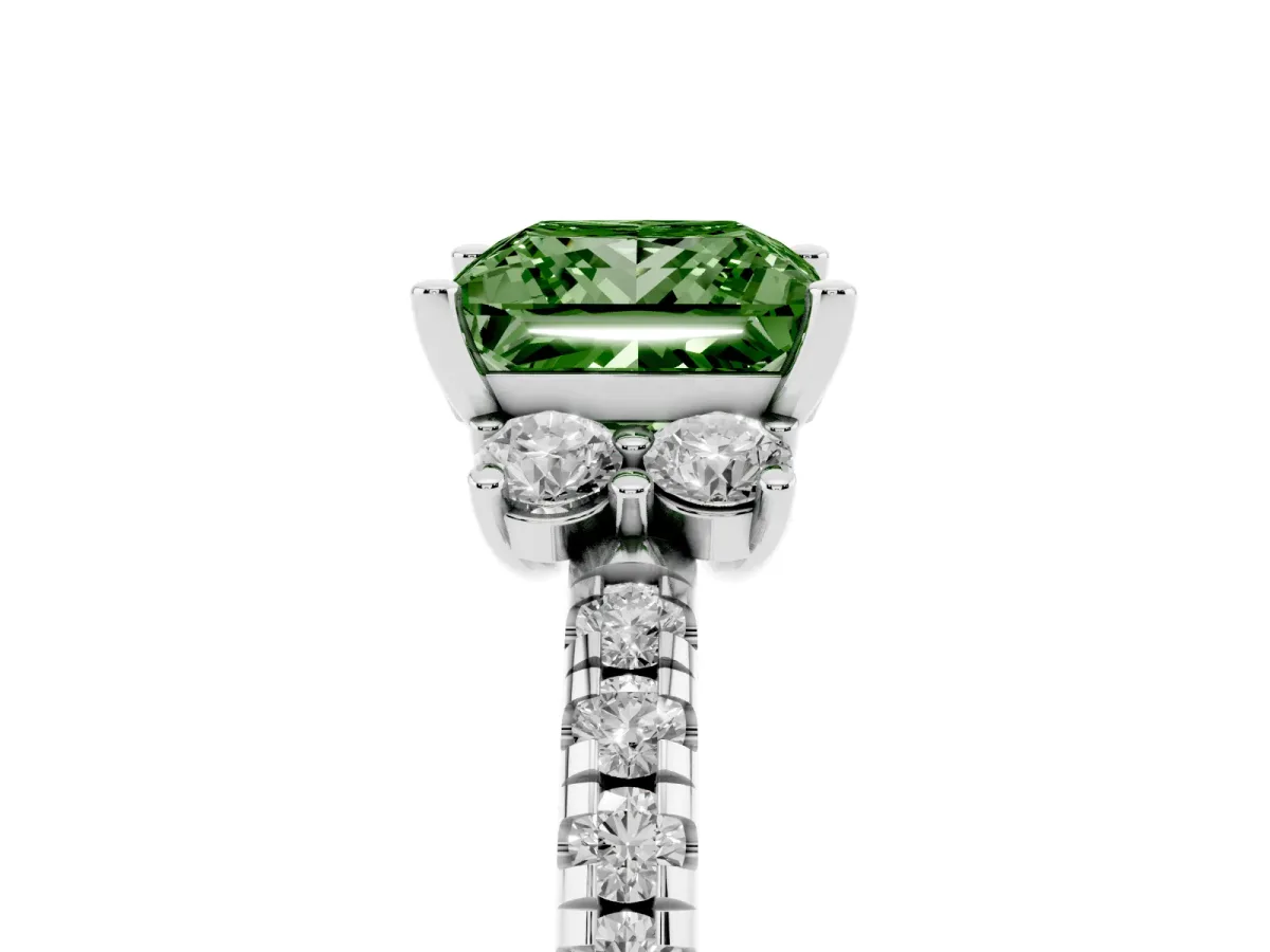 Fancy Green Princess Cut Diamond Three-Stone Pave Band with Four-Prong Setting Silver