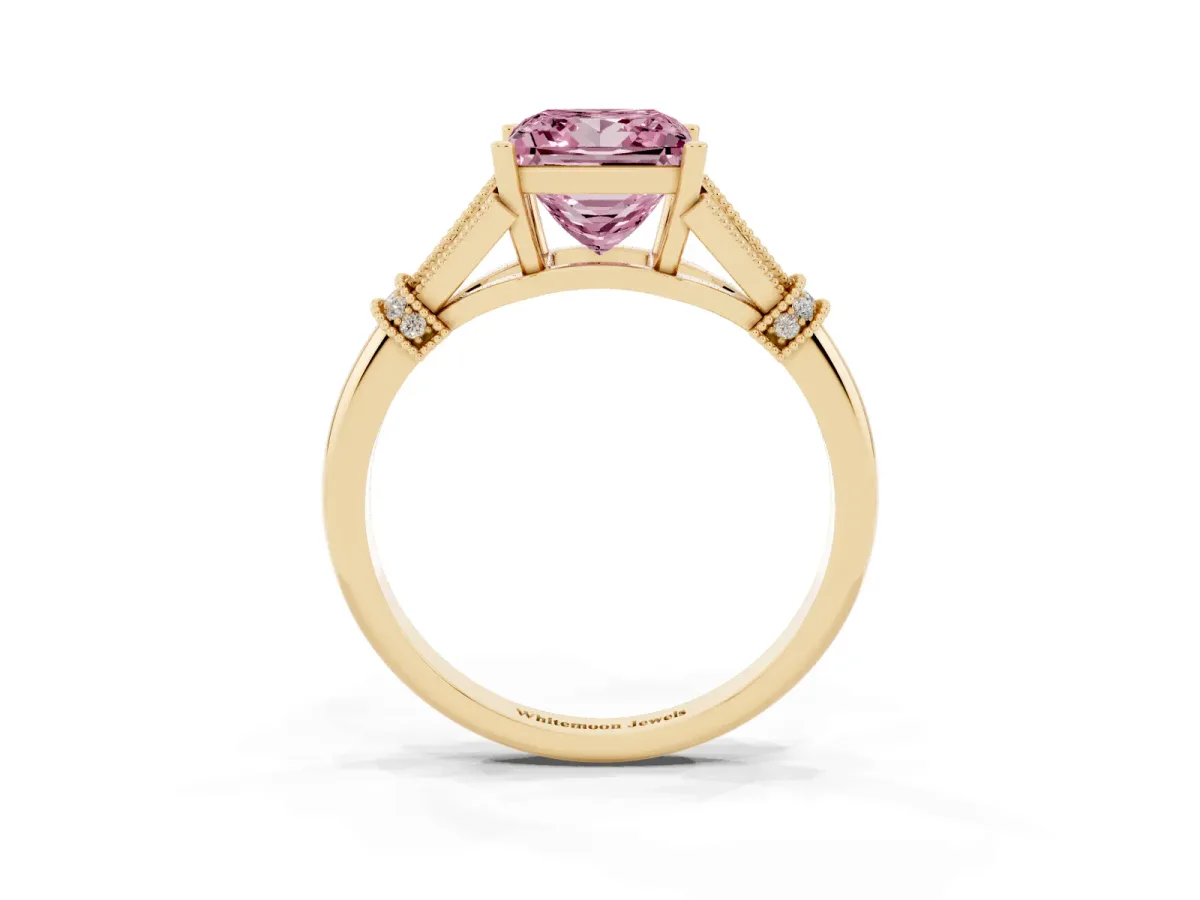 Fancy Pink Princess Cut Diamond Solitaire Ring with Floral Filigree and Pave Accents Yellow gold