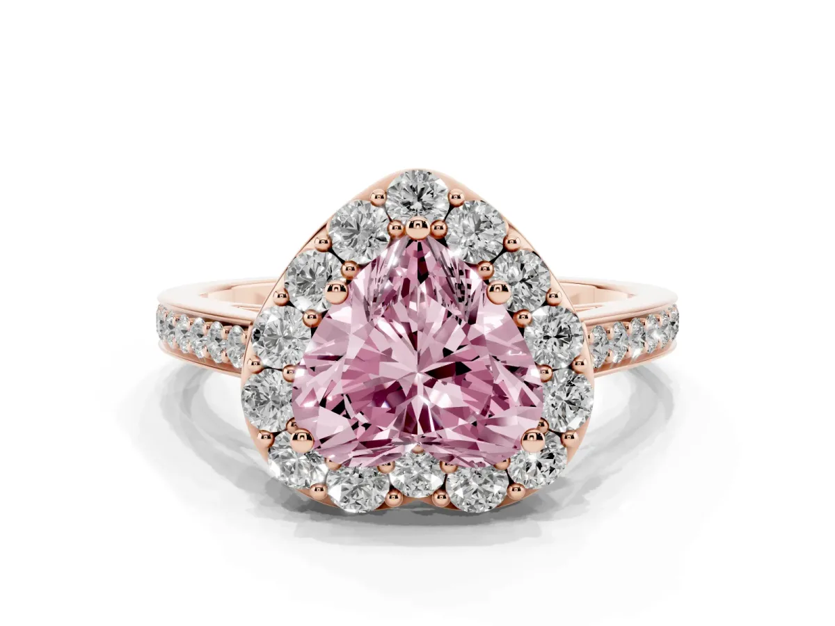 Fancy Pink Heart Cut Diamond Floral Halo Ring with Pavé Band and Prong Setting Rose gold