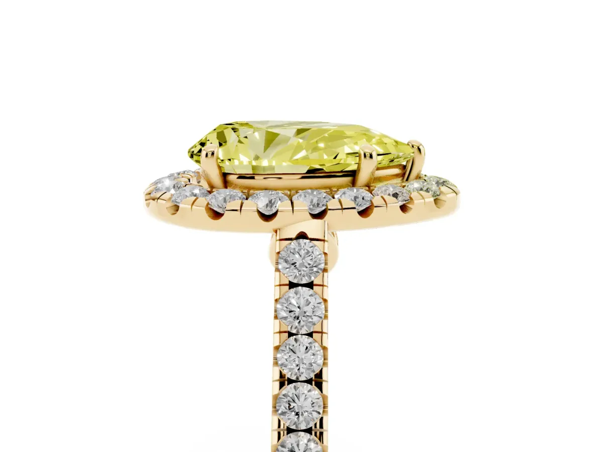 Fancy Yellow Pear Cut Halo Pave Diamond Engagement Ring with Four-Prong Setting Yellow gold
