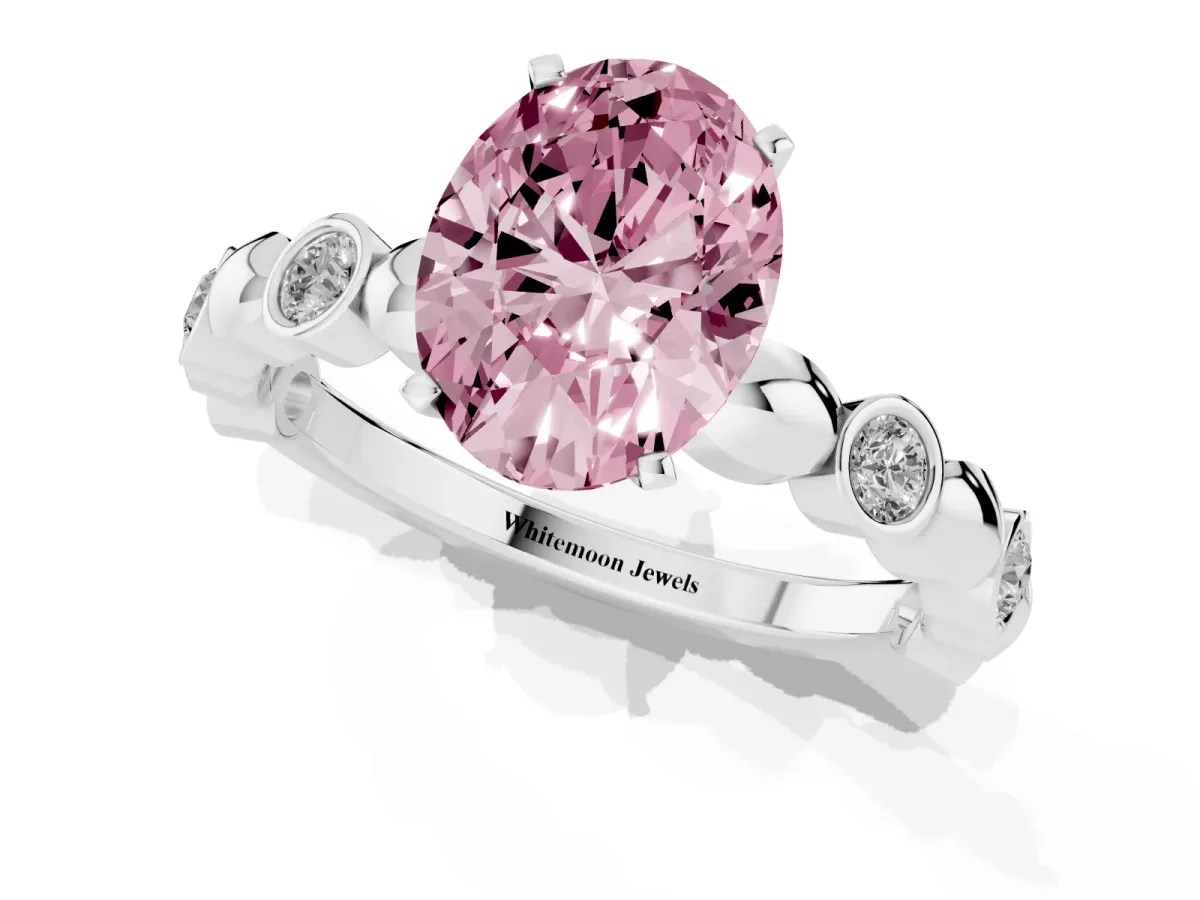 Fancy Pink Oval Cut Solitaire Bezel-Set Diamond Ring with Beaded Band and Four-Prong Setting Silver