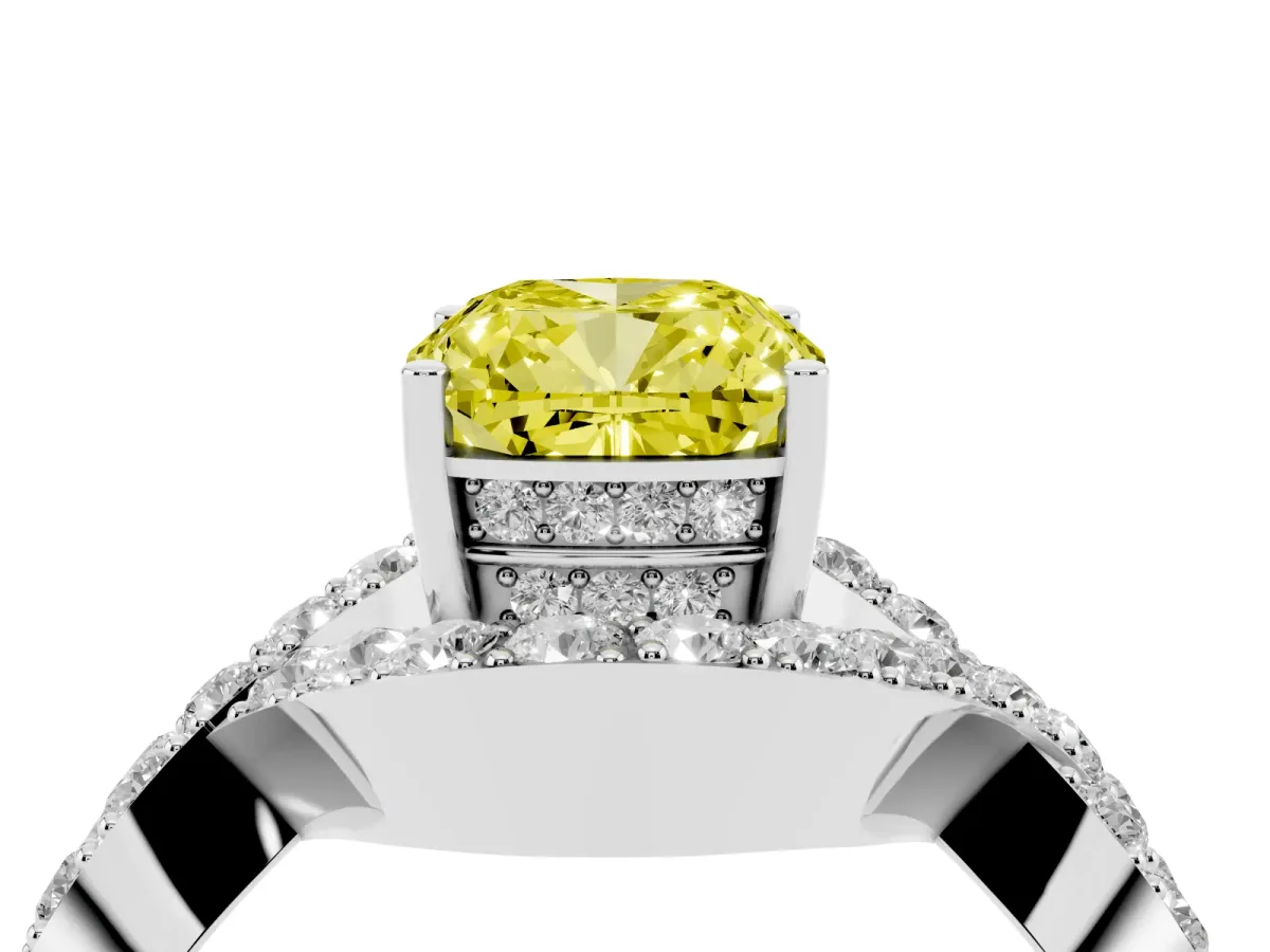 Fancy Yellow Cushion Cut Solitaire Twist Band Pavé Diamond Engagement Ring Silver