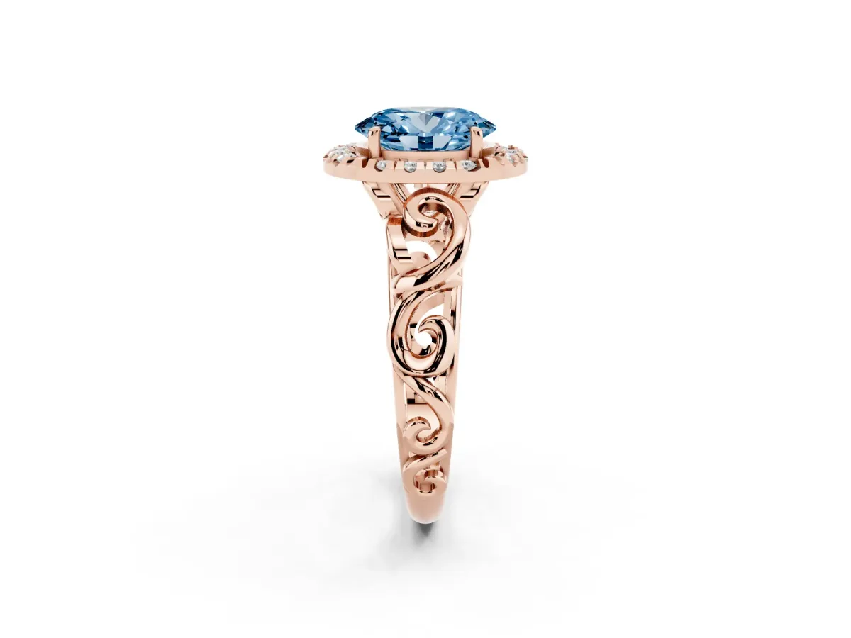 Fancy Blue Oval Cut Cut Halo Diamond Ring with Scrollwork Band and Four-Prong Setting Rose gold