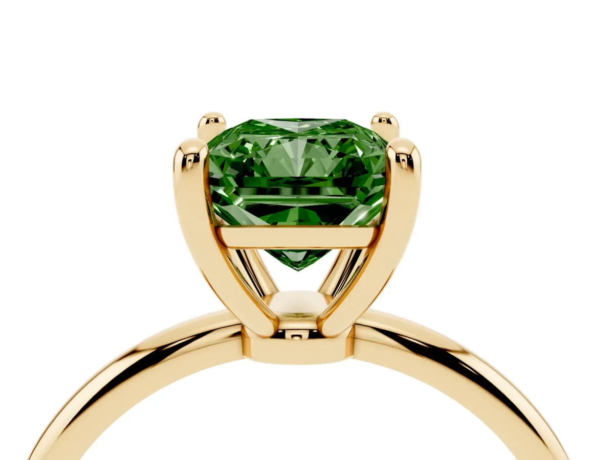 Fancy Green Radiant Cut Solitaire Diamond Ring with 4-Prong Setting on a Classic Band Yellow gold