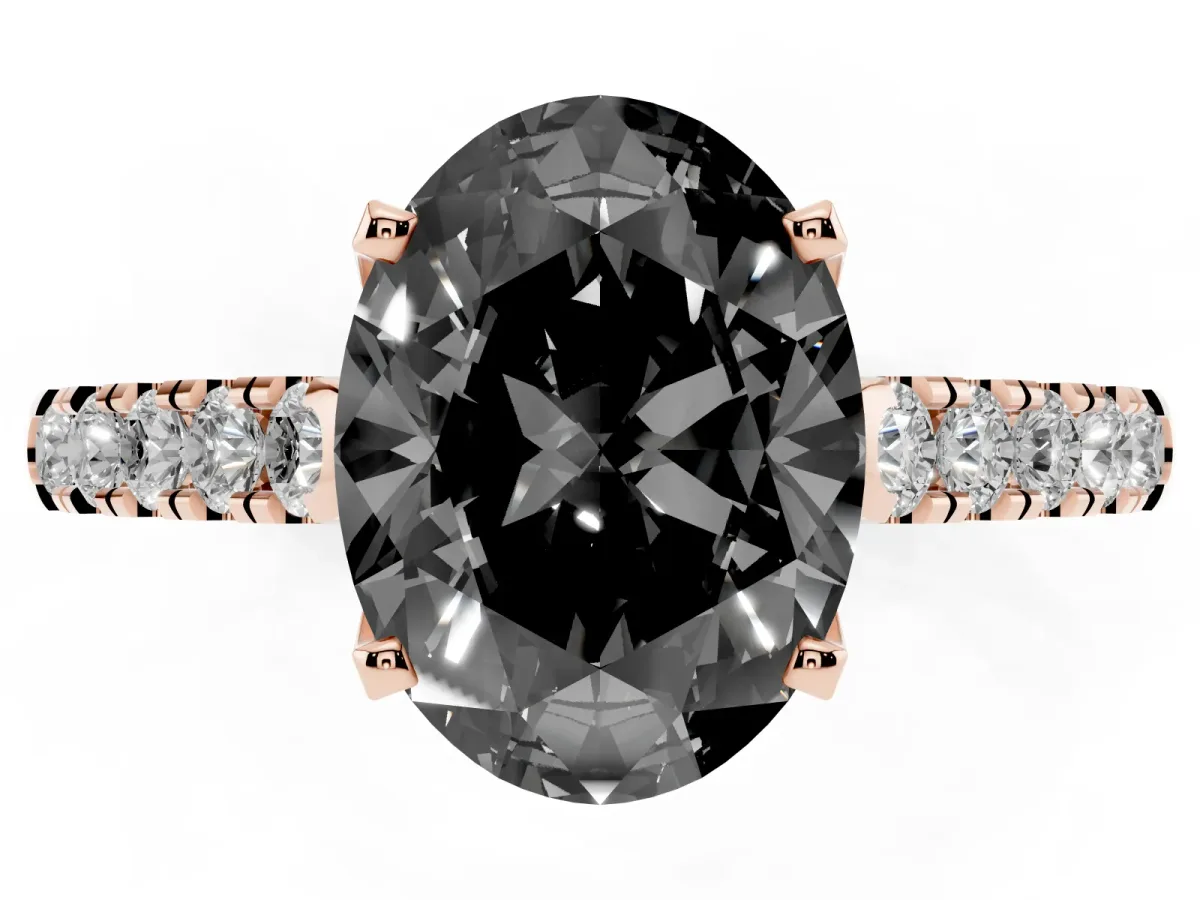 Fancy Black Oval Cut Diamond Pavé Band Solitaire Ring with Prong Setting Rose gold