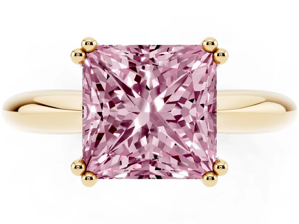 Fancy Pink Princess Cut Cut Solitaire Engagement Ring with Tapered Band and Four-Prong Setting Yellow gold