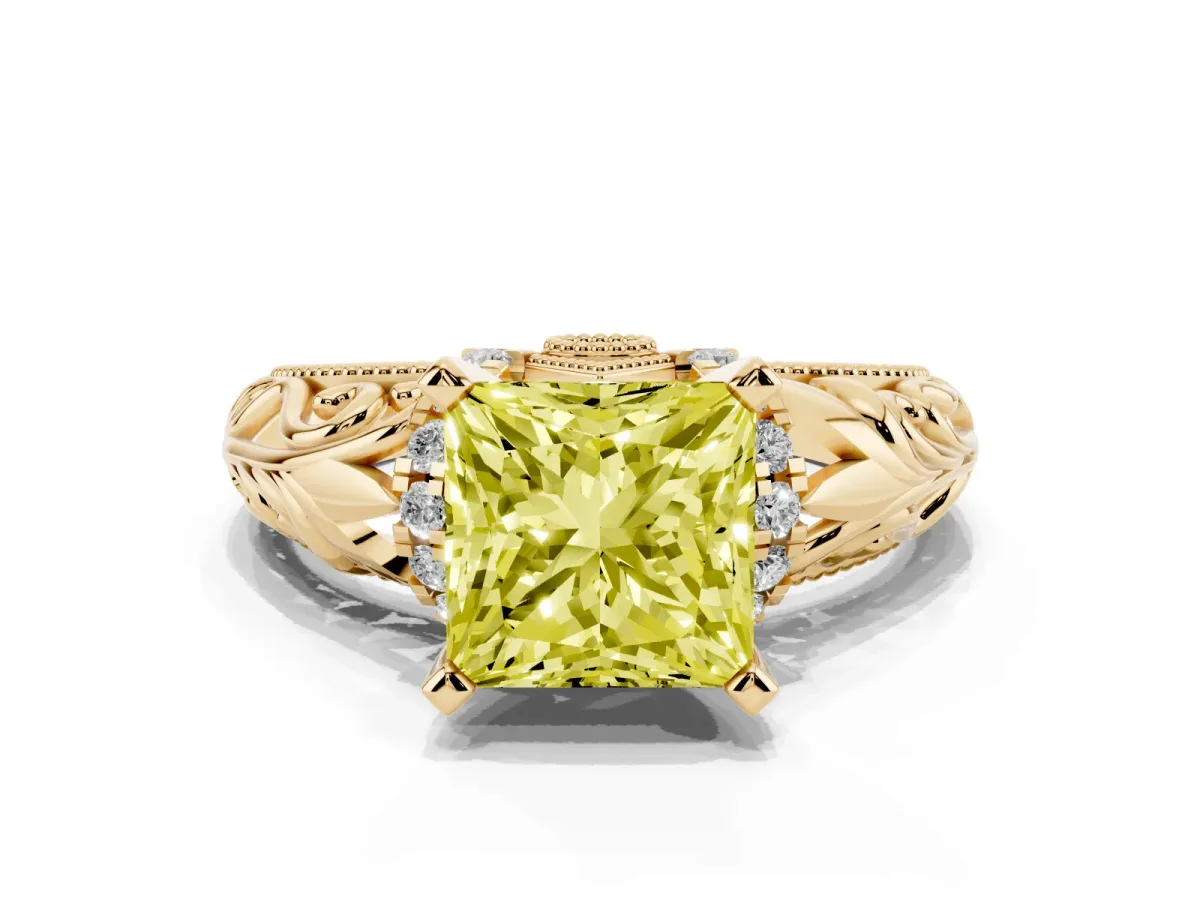 Fancy Yellow Princess Cut Solitaire Filigree Engagement Ring with Halo and Prong Setting Yellow gold