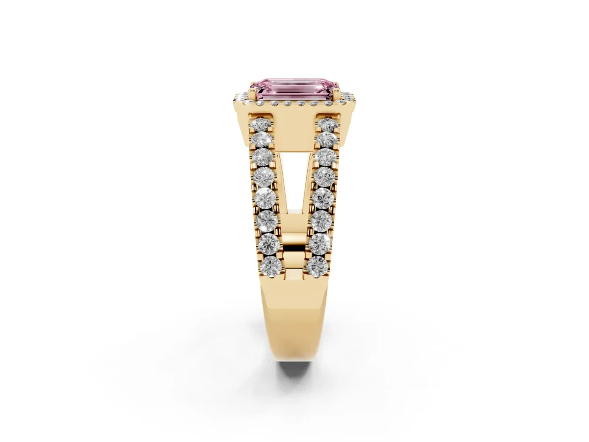 Fancy Pink Emerald Cut Cut Halo Split Shank Diamond Ring with Four-Prong Setting Yellow gold