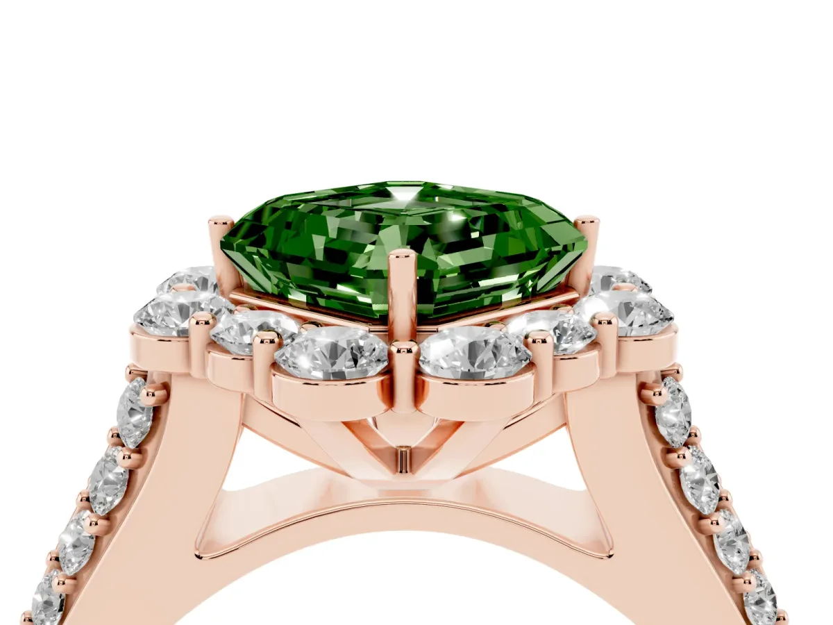 Fancy Green Asscher Cut Halo Diamond Engagement Ring with Split Shank and Prong Setting Rose gold