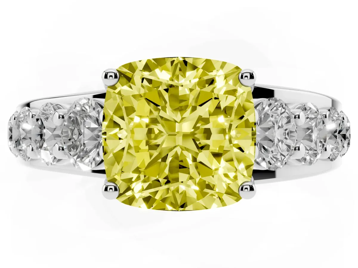 Fancy Yellow Cushion Cut Diamond Engagement Ring with Pavé Band and Four-Prong Setting Platinum