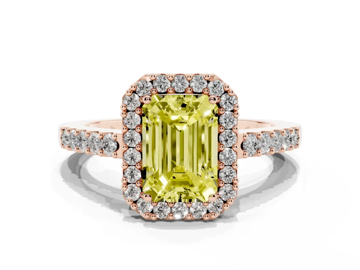 Fancy Yellow Emerald Cut Halo Diamond Pavé Solitaire Ring Rose gold