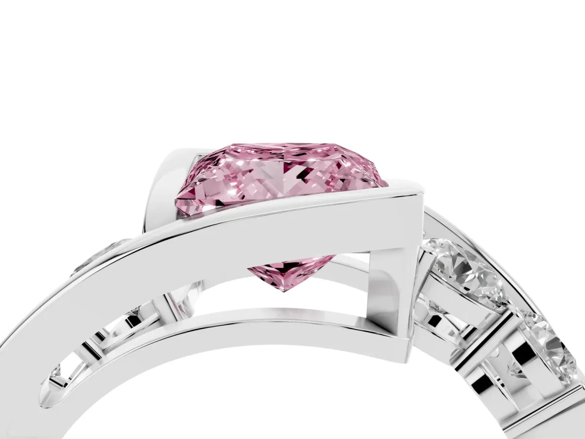 Fancy Pink Bezel Set Princess Cut Diamond Bypass Ring with Round Accents Silver