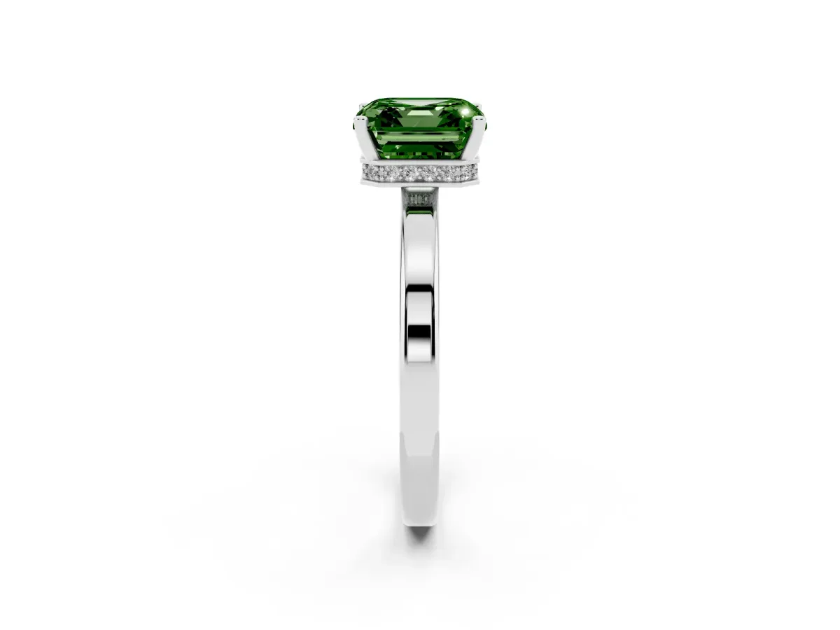 Fancy Green Asscher Cut Cut Solitaire Engagement Ring with Four-Prong Setting on a Classic Band Platinum