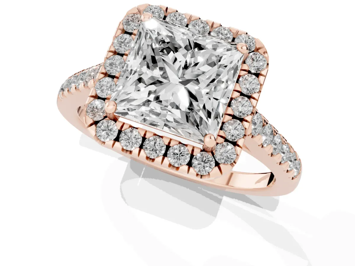Princess Cut Halo Pave Diamond Engagement Ring with Four-Prong Setting Rose gold