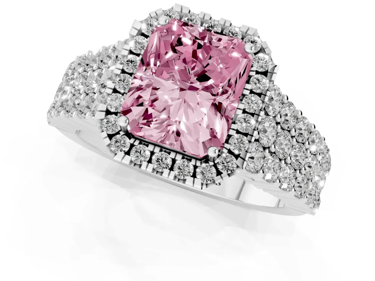 Fancy Pink Radiant Cut Diamond Halo Engagement Ring with Triple Row Round Pavé Band and Prong Setting Silver
