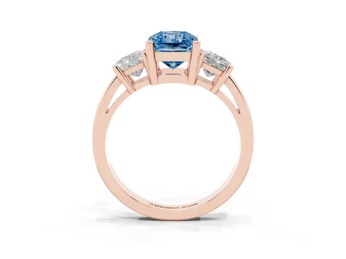 Fancy Blue Three-Stone Radiant Cut Cut Solitaire Ring with Prong Setting Rose gold