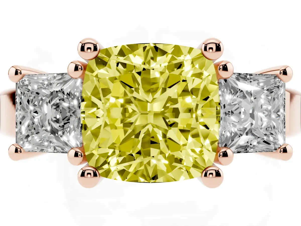 Fancy Yellow Three-Stone Cushion Cut Cut Solitaire Ring with Prong Setting Rose gold