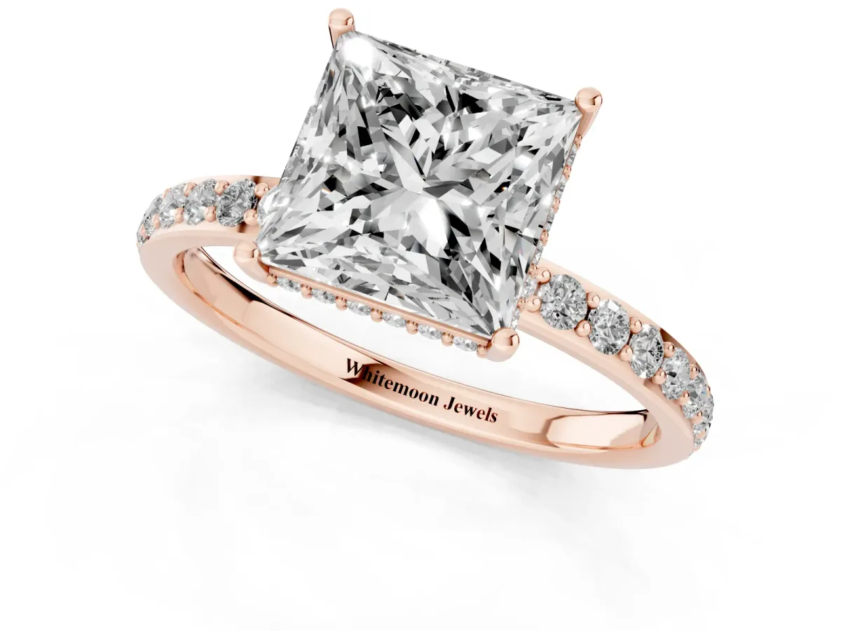 Princess Cut Diamond Solitaire Ring with Pavé Band and Hidden Halo Rose gold